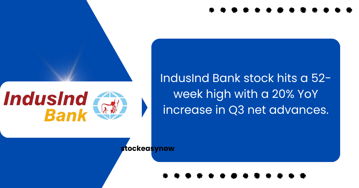 IndusInd Bank stock hits a 52-week high with a 20% YoY increase in Q3 net advances.